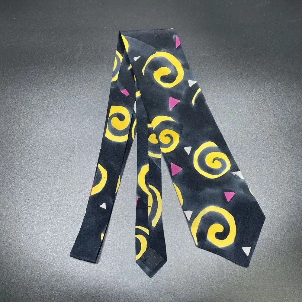 Vtg Marienbad Abstract Swirl Necktie Black Yellow Pink Designer 3.75” Artwear